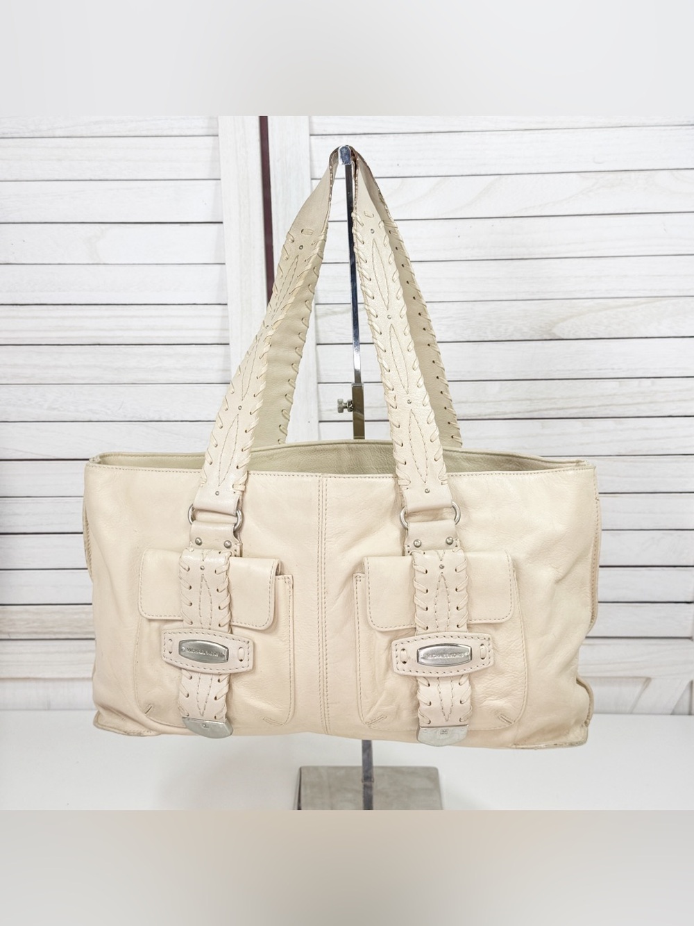 Vintage Y2K Michael Kors Palm Beach Leather Western Hobo Satchel Bag Ivory